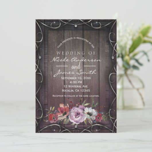 Rustic Glamor Barn Wood Flourish & Floral Wedding Kaart (Staand voorkant)