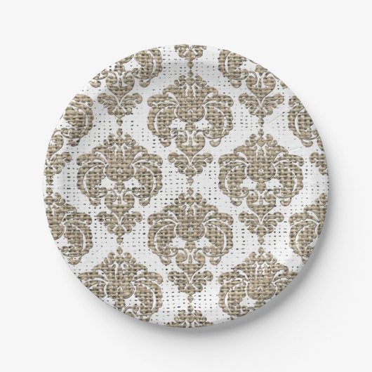 Rustic Glamor Burlap Royal Damask Chic Modern Papieren Bordje (Voorkant)