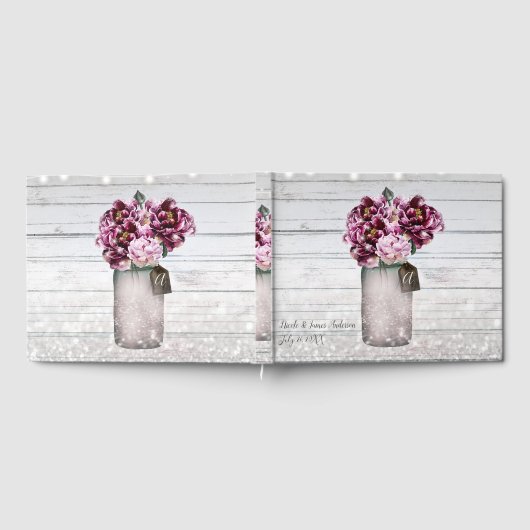 Rustic Glamor Wood & Burgundy Mason Jar Flowers Gastenboek (Volledig)