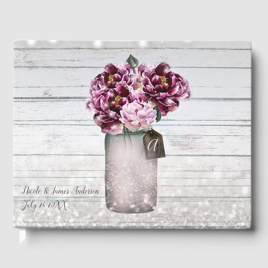 Rustic Glamor Wood & Burgundy Mason Jar Flowers Gastenboek (Voorkant)