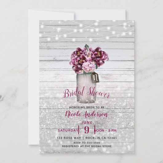 Rustic Glamor Wood & Burgundy Mason Jar Flowers Kaart (Voorkant)