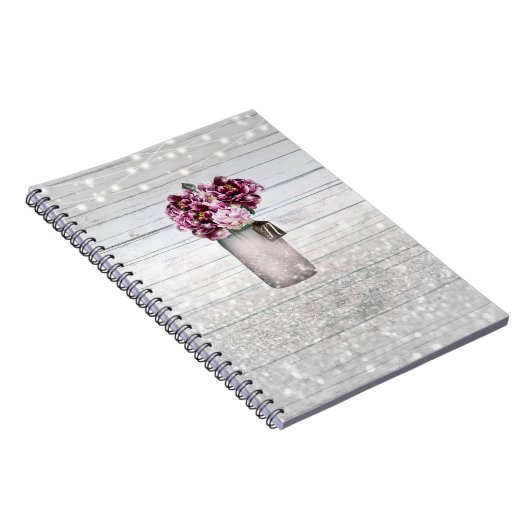 Rustic Glamor Wood & Burgundy Mason Jar Flowers Notitieboek (Rechterzijde)