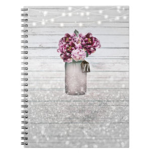 Rustic Glamor Wood & Burgundy Mason Jar Flowers Notitieboek