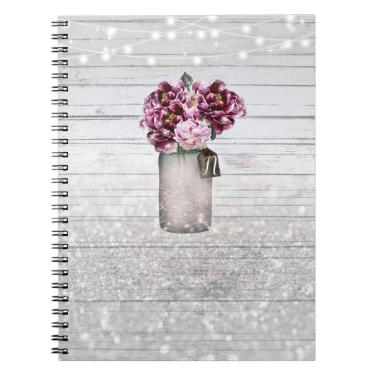Rustic Glamor Wood & Burgundy Mason Jar Flowers Notitieboek (Voorkant)
