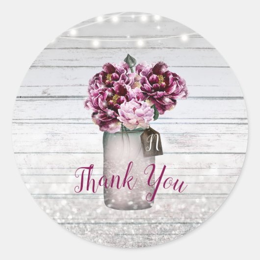 Rustic Glamor Wood & Burgundy Mason Jar Flowers Ronde Sticker (Voorkant)