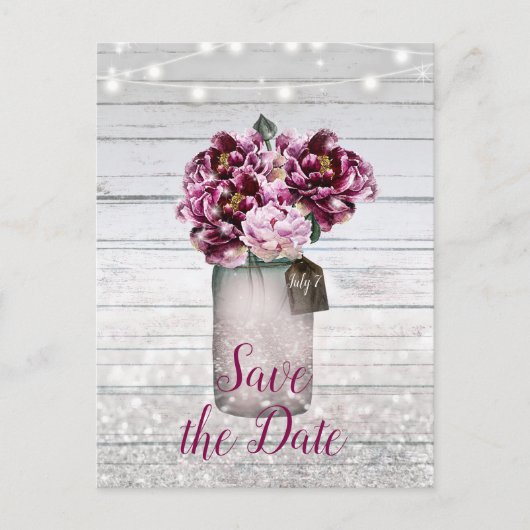 Rustic Glamor Wood Burgundy Mason Jar Save Date Aankondigingskaart (Voorkant)
