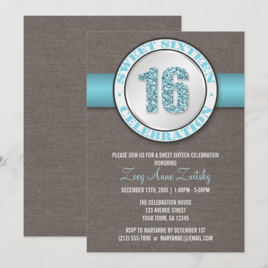 Rustic Glitter Aqua Blue Sweet 16 Kaart (Voorkant / Achterkant)