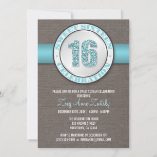 Rustic Glitter Aqua Blue Sweet 16 Kaart