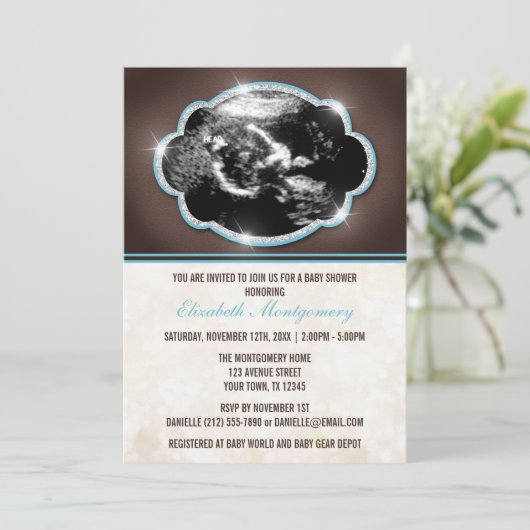 Rustic Glitter Blue Sonogram Baby shower Kaart (Staand voorkant)
