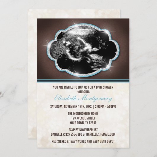 Rustic Glitter Blue Sonogram Baby shower Kaart (Voorkant / Achterkant)