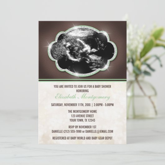 Rustic Glitter Green Sonogram Baby shower Kaart (Staand voorkant)