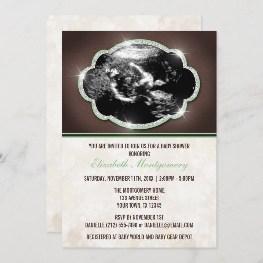 Rustic Glitter Green Sonogram Baby shower Kaart (Voorkant / Achterkant)