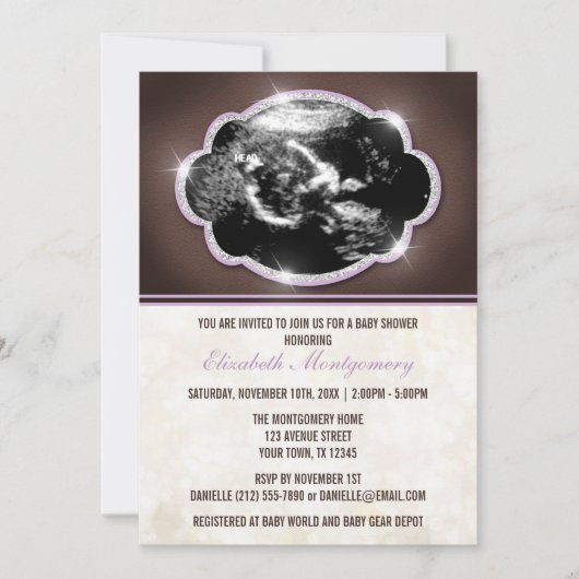 Rustic Glitter Paars Sonogram Baby shower Kaart (Voorkant)