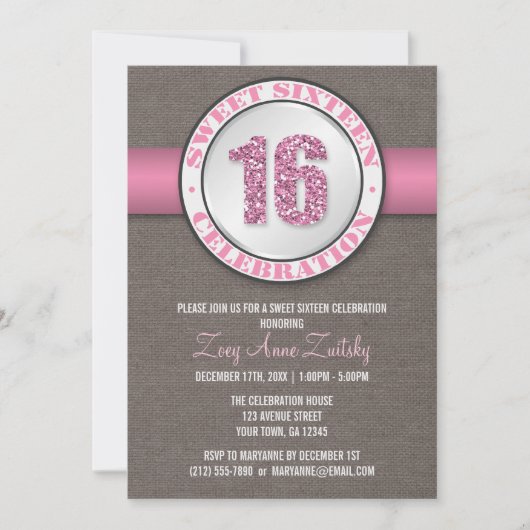 Rustic Glitter Pink Sweet 16 Kaart (Voorkant)