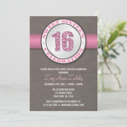 Rustic Glitter Pink Sweet 16 Kaart (Staand voorkant)