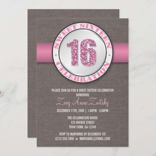 Rustic Glitter Pink Sweet 16 Kaart (Voorkant / Achterkant)