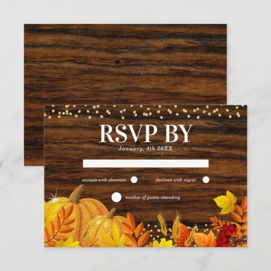 Rustic Glitter Pumpkin Autumn Wedding RSVP Kaartje (Voorkant / Achterkant)