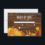 Rustic Glitter Pumpkin Autumn Wedding RSVP Kaartje<br><div class="desc">Omarm de charme van het herfst seizoen met onze rustieke bruiloft RSVP-kaart. Het is versterkt met een donkere houten achtergrond en versierd met levendig gekleurde herfstbladeren,  glitterpompoenen en faux gold glitter. Een perfecte combinatie met het Autumnal Pumpkin Bloom Collectie,  deze antwoordkaart vereenvoudigt op elegante wijze uw trouwvoorbereidingen.</div>