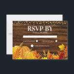 Rustic Glitter Pumpkin Autumn Wedding RSVP Kaartje<br><div class="desc">Omarm de charme van het herfst seizoen met onze rustieke bruiloft RSVP-kaart. Het is versterkt met een donkere houten achtergrond en versierd met levendig gekleurde herfstbladeren,  glitterpompoenen en faux gold glitter. Een perfecte combinatie met het Autumnal Pumpkin Bloom Collectie,  deze antwoordkaart vereenvoudigt op elegante wijze uw trouwvoorbereidingen.</div>