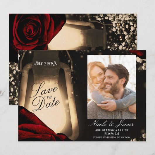 Rustic Glow Lantaarn en donkerrode rozen Sla de da Kaart (Voorkant / Achterkant)