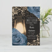 Rustic Glow Lantaarn Stofblauw Rozen Sweet 16 Kaart (Staand voorkant)