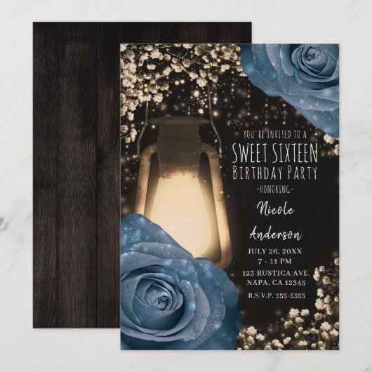 Rustic Glow Lantaarn Stofblauw Rozen Sweet 16 Kaart (Voorkant / Achterkant)
