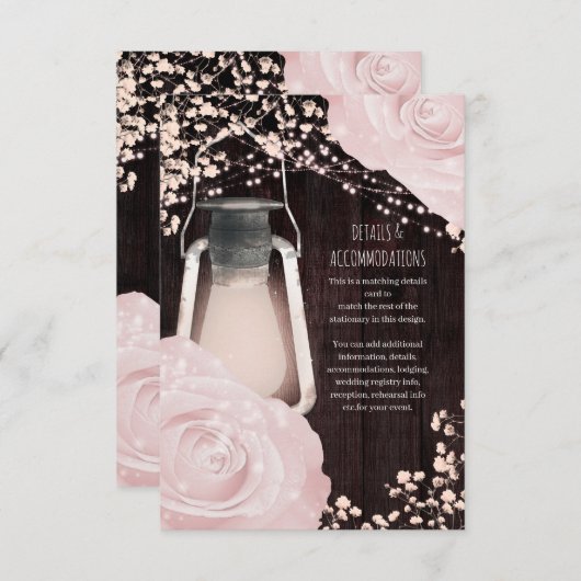 Rustic Glow Lantern Baby roze Roses Wedding Informatiekaartje (Voorkant / Achterkant)