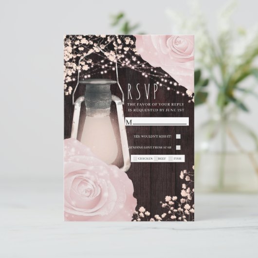 Rustic Glow Lantern Baby roze Roses Wedding RSVP (Staand voorkant)