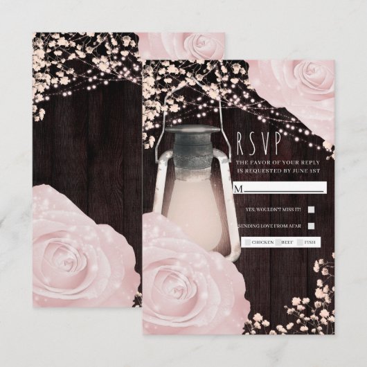 Rustic Glow Lantern Baby roze Roses Wedding RSVP (Voorkant / Achterkant)
