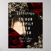 Rustic Glow Lantern Dark Red Roses Weduwen Welkom Poster (Voorkant)