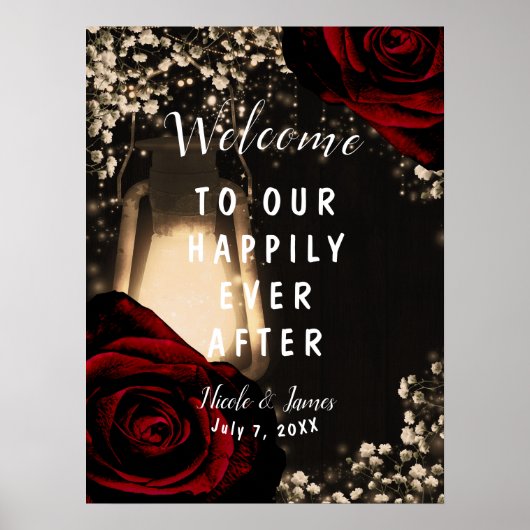 Rustic Glow Lantern Dark Red Roses Weduwen Welkom Poster (Voorkant)