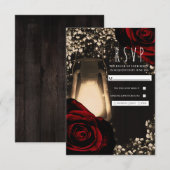 Rustic Glow Lantern en Dark Red Roses Wedding RSVP (Voorkant / Achterkant)