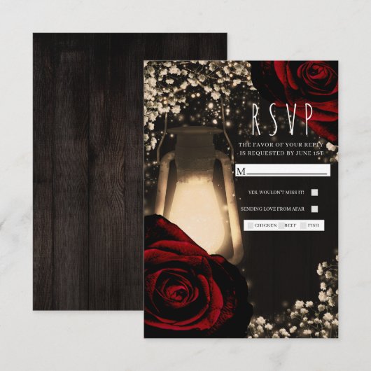 Rustic Glow Lantern en Dark Red Roses Wedding RSVP (Voorkant / Achterkant)
