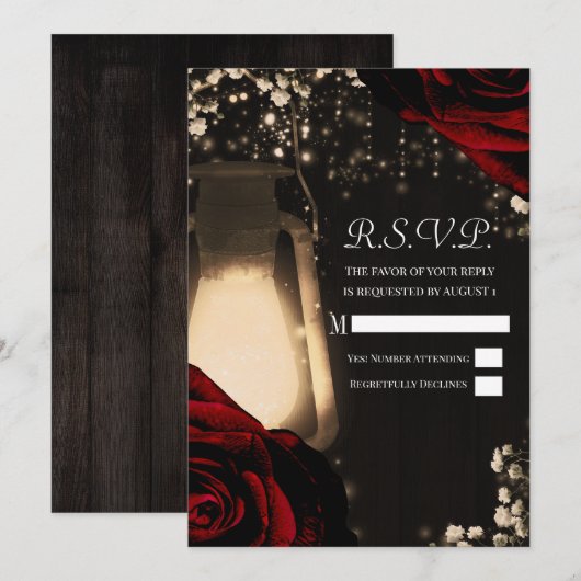 Rustic Glow Lantern en Dark Red Roses Wedding RSVP Kaart (Voorkant / Achterkant)