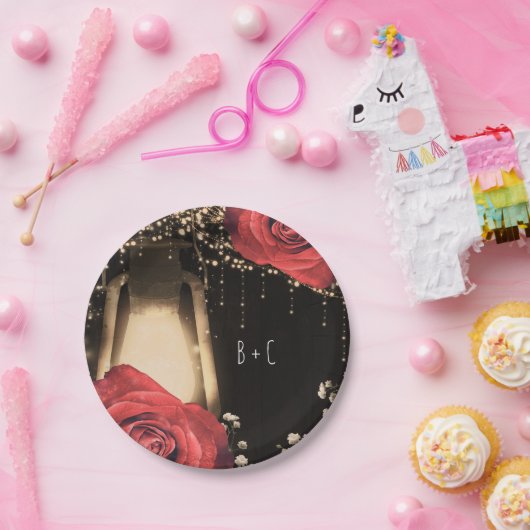 Rustic Glow Lantern Red Roses Barn Wood Papieren Bordje (Feest)