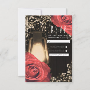 Rustic Glow Lantern & Red Roses Huwelijksreactie RSVP Kaartje