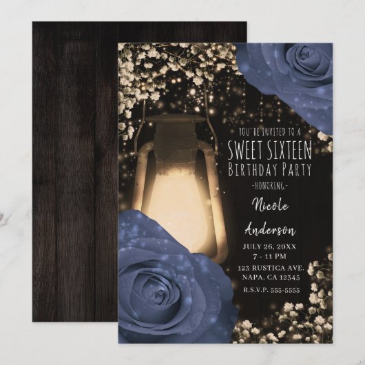 Rustic Glow Lantern & Steele Blauwe Rozen Sweet 16 Kaart (Voorkant / Achterkant)