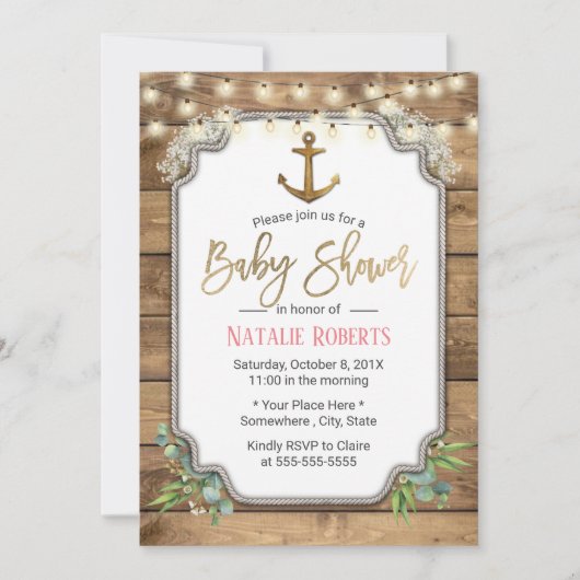 Rustic Gold Anchor String Lights Barn Baby shower Kaart (Voorkant)