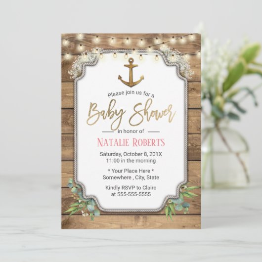Rustic Gold Anchor String Lights Barn Baby shower Kaart (Staand voorkant)
