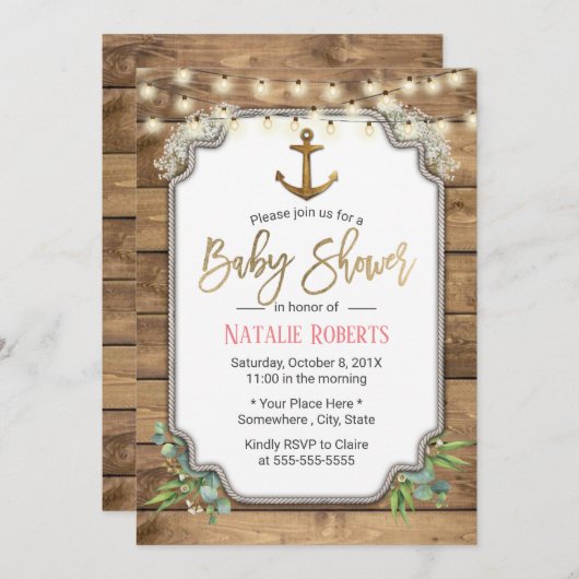 Rustic Gold Anchor String Lights Barn Baby shower Kaart (Voorkant / Achterkant)
