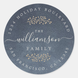 Rustic Gold Berries Sprig Dark Blue Kerstmis Ronde Sticker