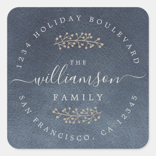 Rustic Gold Berries Sprig Dark Blue Kerstmis Vierkante Sticker (Voorkant)