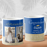 Rustic Gold Blue 2023 Afstuderen 2 Photo Afstudere Koffiemok<br><div class="desc">Elegant Rustic Gold Blue 2023 Gefeliciteerd Afstuderen 2 Mok met Photo Afstuderen Coffee. Elegant goudornament en roestbeige achtergrond. Personaliseer met de naam van afstuderen, jaar van de klasse, schoolnaam en voeg 2 afstuderen foto's toe - u kunt vóór en na foto's gebruiken. Maak een unieke mok voor een afstuderen middelbare...</div>