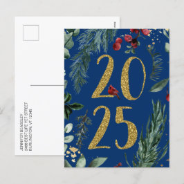 Rustic Gold Blue 2025 Nieuwjaar vakantie Briefkaar Feestdagenkaart