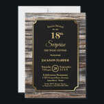Rustic Gold Border Wood Surprise 18th Birthday Kaart<br><div class="desc">Een bijtende gouden houten verrassing18e uitnodiging voor het verjaardagsdiner met gouden tekst op een zwarte achtergrond.</div>
