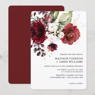 Rustic Gold Burgundy Wine Blush Floral Wedding Kaart