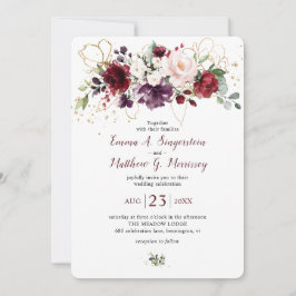 Rustic Gold Burgundy Wine Blush Floral Wedding Kaart