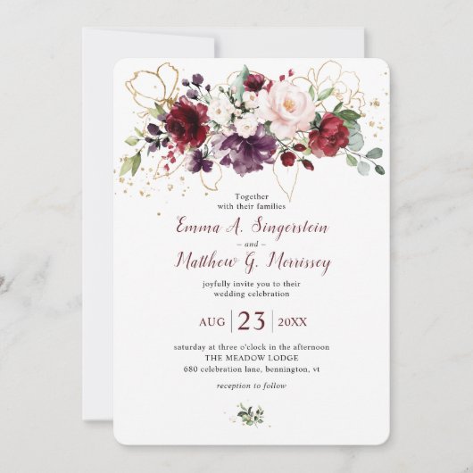 Rustic Gold Burgundy Wine Blush Floral Wedding Kaart (Voorkant)