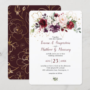 Rustic Gold Burgundy Wine Blush Floral Wedding Kaart