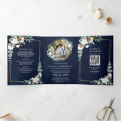 Rustic Gold Cotton Eucalyptus QR Code Navy Weddens Drieluik Uitnodiging (Binnen)
